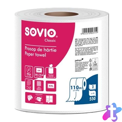 Törlőpapír, tekercses, 110 m, 20 cm átmérő, 2 rétegű, SOVIO, hófehér