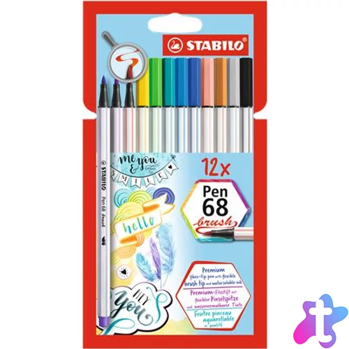 Ecsetirón készlet, STABILO "Pen 68 brush", 12 különböző szín