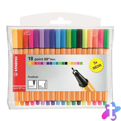 Tűfilc készlet, 0,4 mm, STABILO "Point 88 Mini Neon", 18 különböző szín