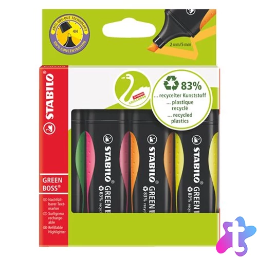 Szövegkiemelő készlet, 2-5 mm, STABILO "Green Boss", 4 különböző szín
