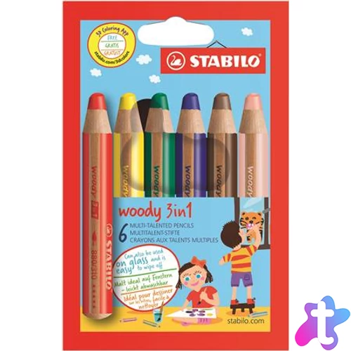 Színes ceruza készlet, kerek, vastag, STABILO "Woody 3 in 1", 6 különböző szín