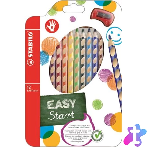 Színes ceruza készlet, háromszögletű, jobbkezes, STABILO "EasyColours", 12 különböző szín