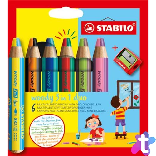 Színes ceruza készlet, STABILO "Woody 3 in 1 duo", 6 dupla vegyes szín