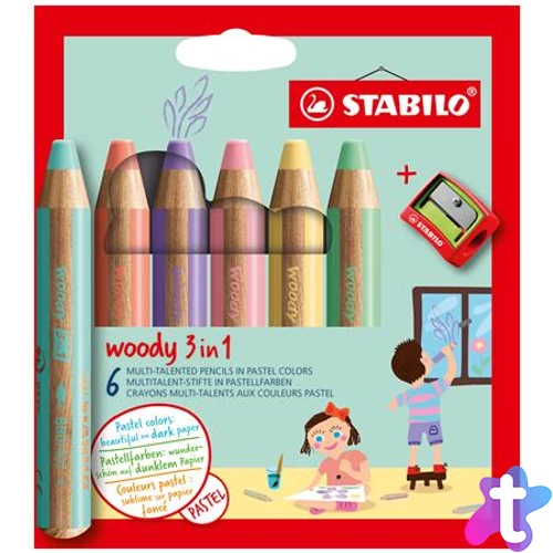 Színes ceruza készlet, kerek, vastag, STABILO "Woody 3 in 1 Pastel", 6 különböző pasztell szín