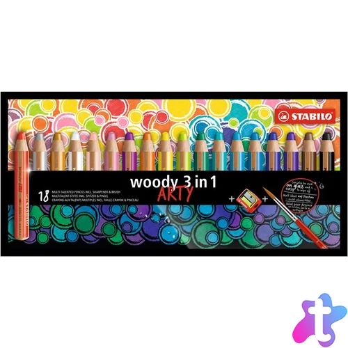 Színes ceruza készlet, kerek, vastag, STABILO "Woody ARTY 3 in 1", 18 különböző szín