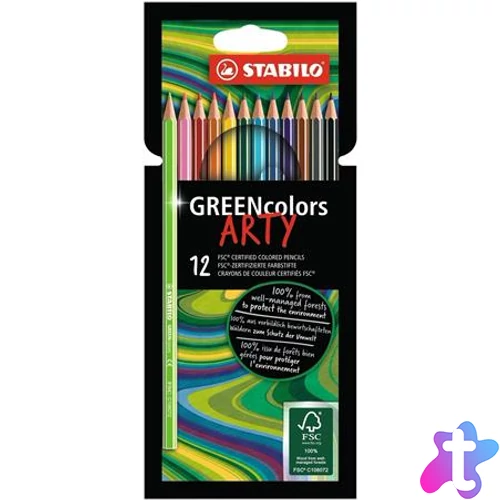 Színes ceruza készlet, hatszögletű, STABILO "GreenColors ARTY", 12 különböző szín