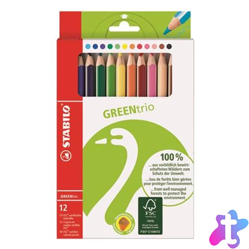 Színes ceruza készlet, háromszögletű, vastag, STABILO "GreenTrio", 12 különböző szín