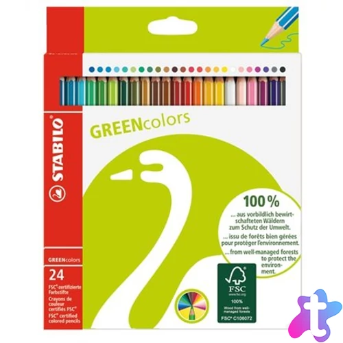 Színes ceruza készlet, hatszögletű, STABILO "GreenColours", 24 különböző szín