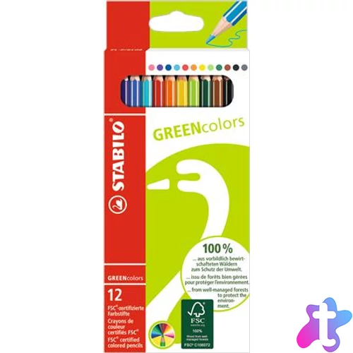 Színes ceruza készlet, hatszögletű, STABILO "GreenColors", 12 különböző szín