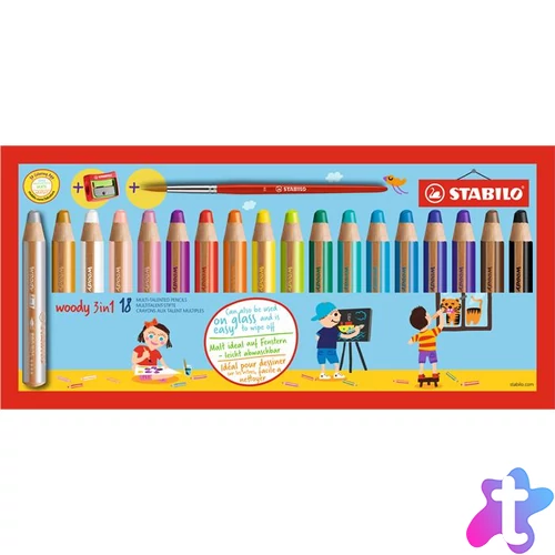 Színes ceruza készlet, kerek, vastag, STABILO "Woody 3 in 1", 18 különböző szín