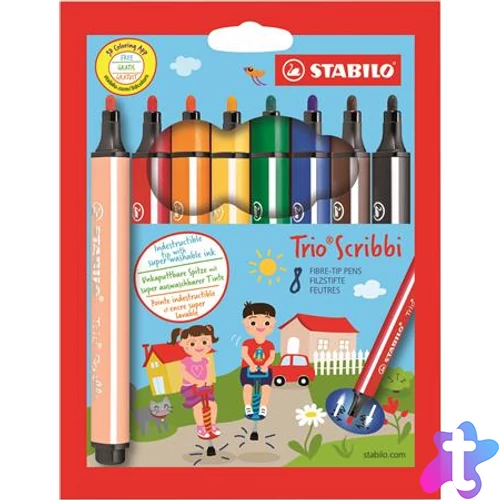 Filctoll készlet, 1,5-2 mm, rugós hegy, STABILO "Trio Scribbi", 8 különböző szín