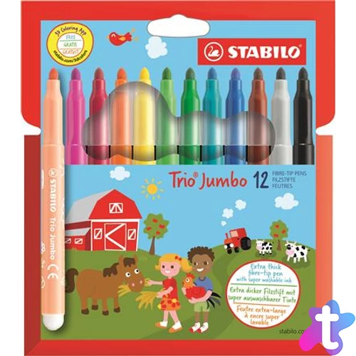 Filctoll készlet, 3 mm, STABILO "Trio Jumbo", 12 különböző szín