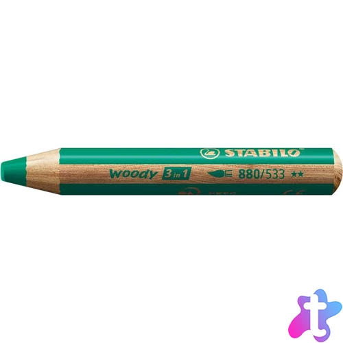 Színes ceruza, kerek, vastag, STABILO "Woody 3 in 1", sötétzöld