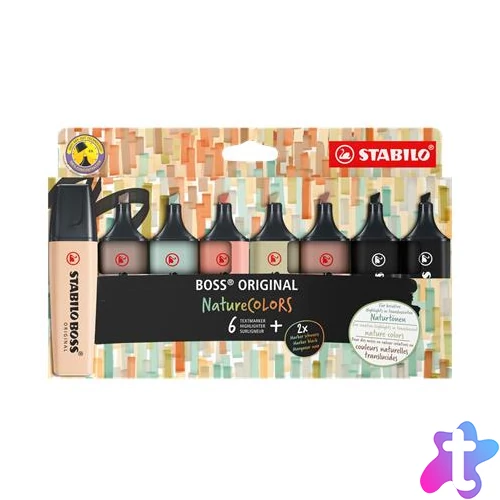 Szövegkiemelő készlet, 2-5 mm, STABILO "BOSS original NatureCOLORS", 6 különböző szín + 2 fekete