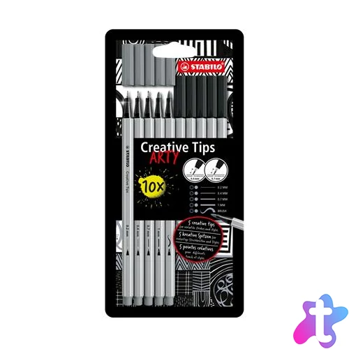 Tűfilc készlet, STABILO "Creative Tips ARTY", fekete, szürke, 5 különböző vastagság