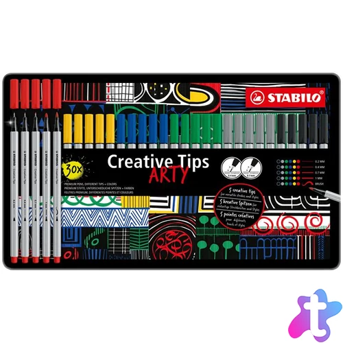 Tűfilc készlet, fém doboz, STABILO "Creative Tips ARTY", 6 különböző szín, 5 különböző vastagság