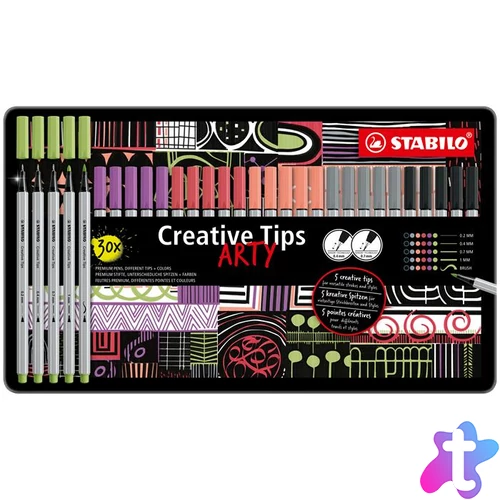 Tűfilc készlet, fém doboz, STABILO "Creative Tips ARTY", 6 különböző pasztell szín, 5 különböző vastagság