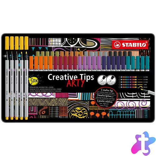 Tűfilc készlet, fém doboz, STABILO "Creative Tips ARTY", 10 különböző szín, 5 különböző vastagság