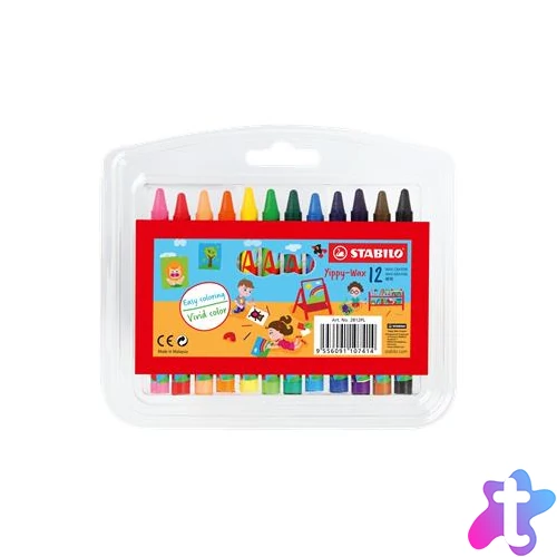 Zsírkréta, műanyag dobozban, STABILO "Yippy-wax", 12 különböző szín