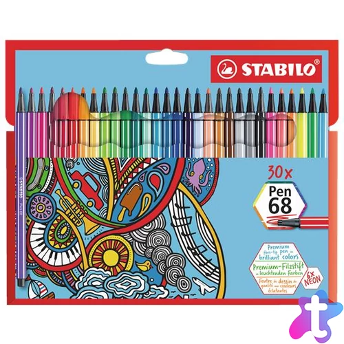 Filctoll készlet, 1 mm, STABILO "Pen 68", 30 különböző szín