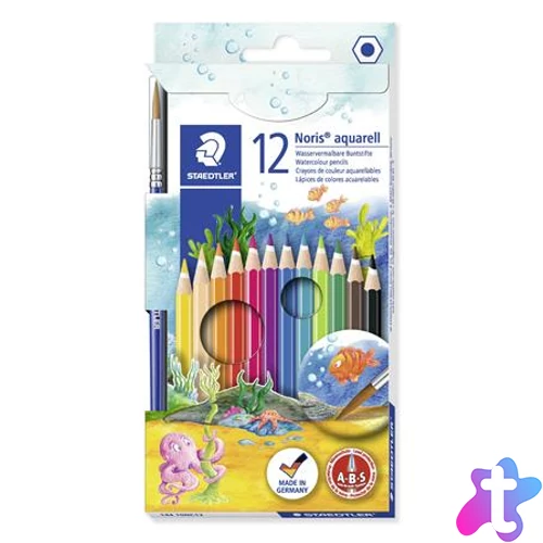 Akvarell ceruza készlet, hatszögletű, ecsettel, STAEDTLER "Noris® aquarell 144 10", 12 különböző szín