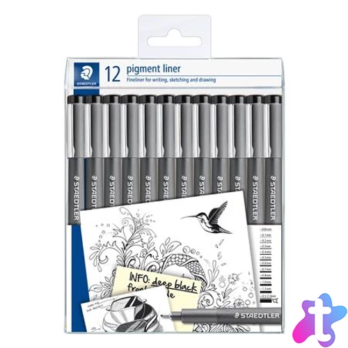 Tusfilc készlet, 12 különböző vonalvastagság, STAEDTLER "Pigment Liner 308", fekete