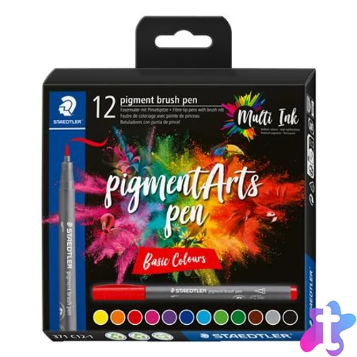 Ecsetirón készlet, STAEDTLER "Pigment brush 371", 12 különböző alapszín