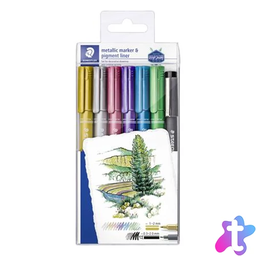 Dekormarker, 1-2 mm, kúpos, STAEDTLER "8323", 6 különböző metál szín, ajándék fekete tusfilccel