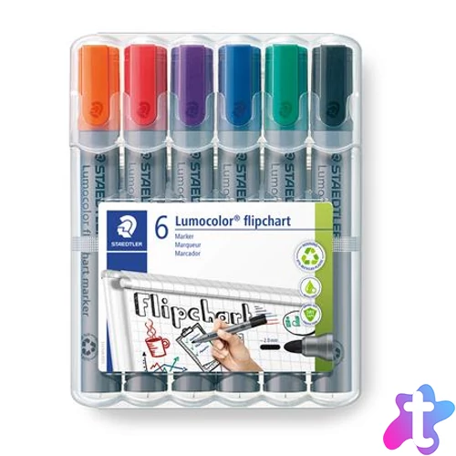 Flipchart marker készlet, 2 mm, kúpos, STAEDTLER "Lumocolor 356", 6 különböző szín