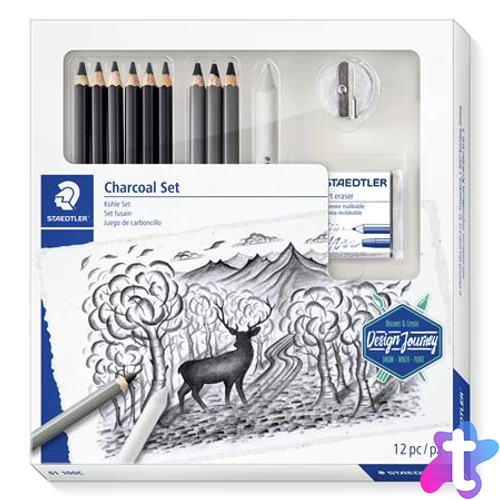Grafit- és szénceruza készlet, kiegészítőkkel, 12 darabos, STAEDTLER "Mars® Lumograph® 100C"