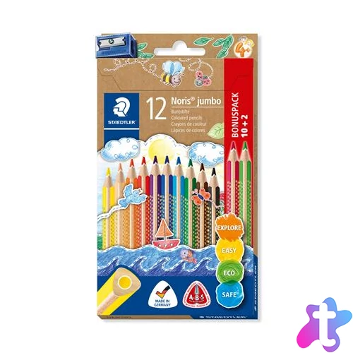 Színes ceruza készlet, háromszögletű, vastag, hegyezővel, STAEDTLER "Noris® Jumbo 128", 10+2 különböző szín