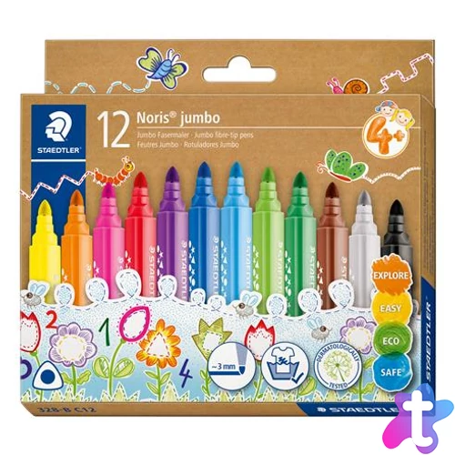 Filctoll készlet, 3 mm, háromszögletű, kimosható, STAEDTLER "Noris® jumbo 328-B", 12 szín