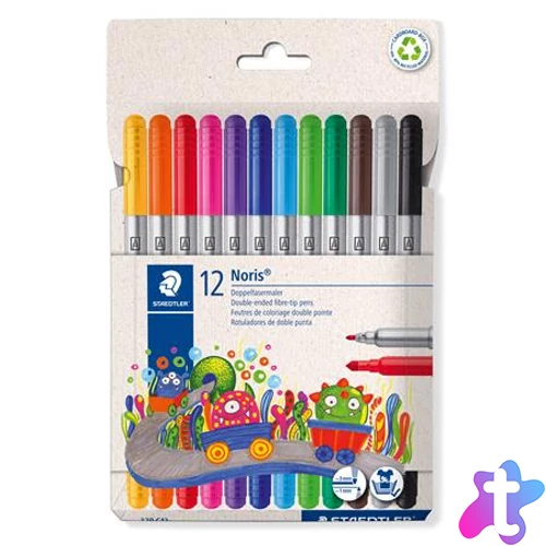 Filctoll készlet, 1-3 mm, kétvégű, kimosható, STAEDTLER "Noris® 320, 12 különböző szín