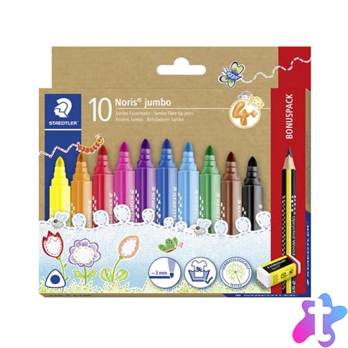 Filctoll készlet, grafitceruzával, radírral, 3 mm, háromszögletű, STAEDTLER "Noris® jumbo 328", 10+1 szín