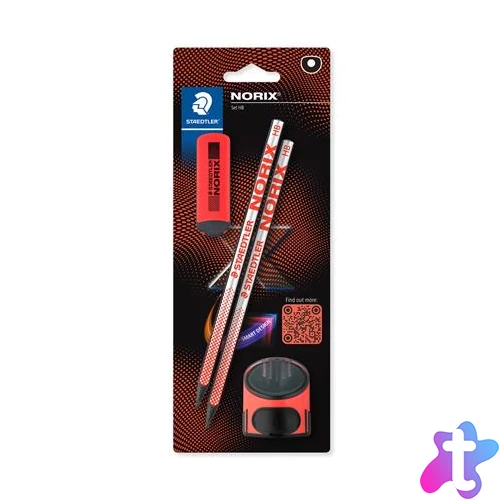Grafitceruza készlet, hegyezővel, radírral, HB, STAEDTLER "Norix® 181", piros