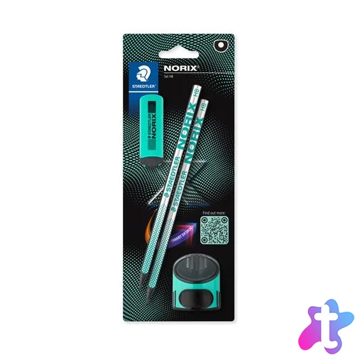 Grafitceruza készlet, hegyezővel, radírral, HB, STAEDTLER "Norix® 181", zöld