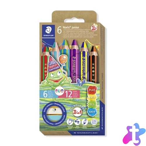 Színes ceruza készlet, duo színű, hegyezővel, STAEDTLER "Noris® junior 140", 6 különböző szín
