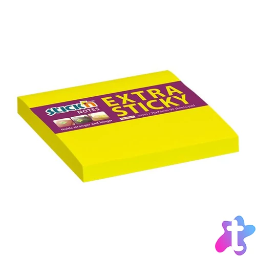 Öntapadó jegyzettömb, 76x76 mm, 90 lap, STICK N "Extra Sticky", neon sárga