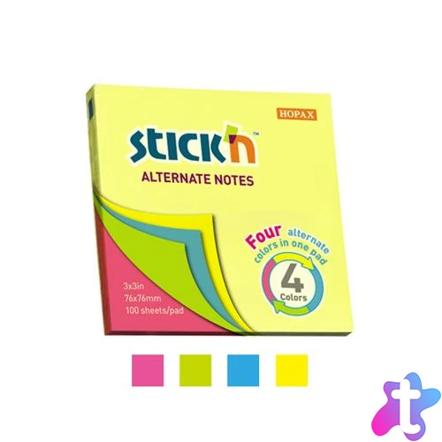 Öntapadó jegyzettömb, 76x76 mm, 100 lap, STICK N, neon színek