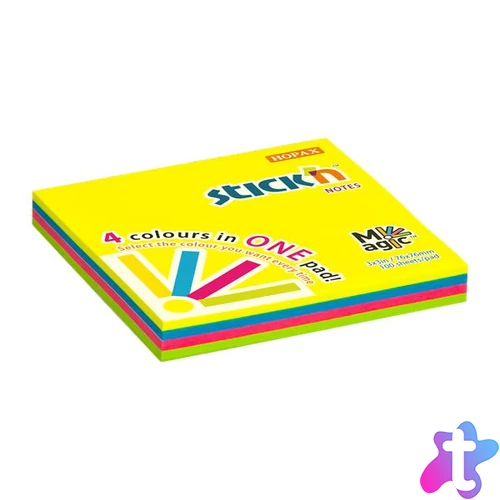 Öntapadó jegyzettömb, 76x76 mm, 100 lap, STICK N "Magic Pad" neon színek