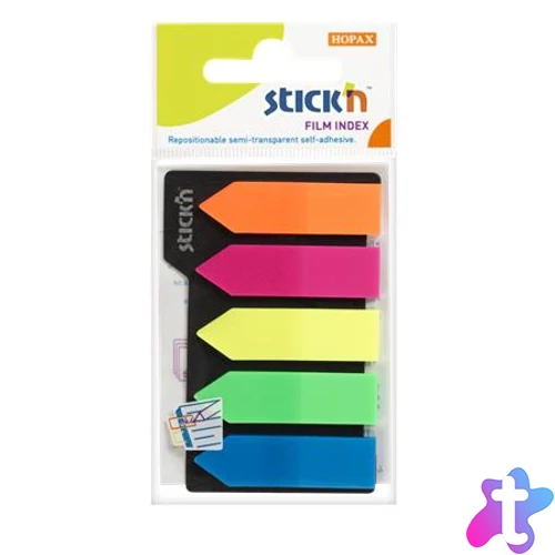 Jelölőcímke, műanyag, nyíl, 5x25 lap, 42x12mm, STICK N, neon színek