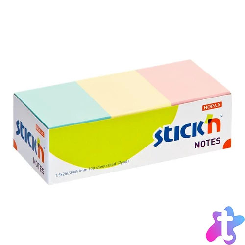 Öntapadó jegyzettömb, 38x51 mm, 12x100 lap, STICK N, pasztell színek
