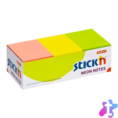 Öntapadó jegyzettömb, 38x51 mm, 12x100 lap, STICK N, neon színek