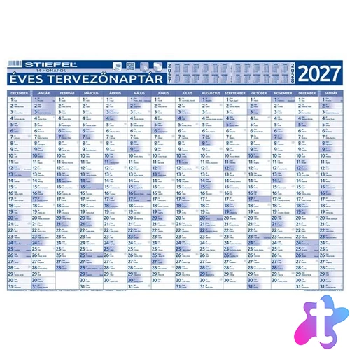 Éves tervező és projekt naptár, kétoldalas, fémléces, kék színű filctollal, 70x100 cm, 2027 évi, STIEFEL