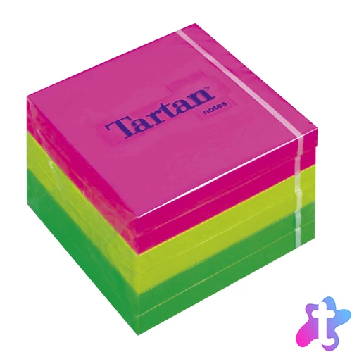 Öntapadó jegyzettömb, 76x76 mm, 100 lap, 6 tömb/cs, TARTAN, vegyes neon színek
