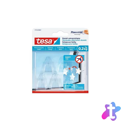 Műanyag akasztó, ragasztócsíkkal, kis méret, TESA "Powerstrips®", átlátszó