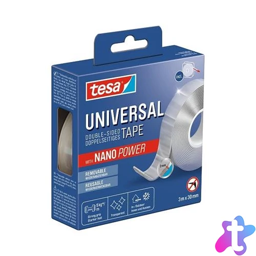 Ragasztószalag, kétoldalas, visszaszedhető, átlátszó, 30 mm x 3 m, TESA "Universal Nanotape"