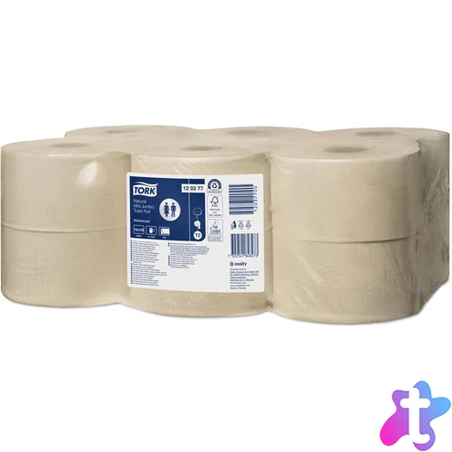 Toalettpapír, T2 rendszer, 2 rétegű, 19 cm átmérő, Advanced, TORK "Mini Jumbo", natúr