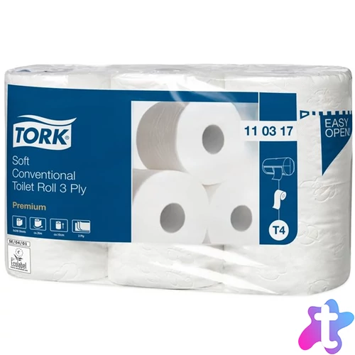 Toalettpapír, T4 rendszer, 3 rétegű, 12 cm átmérő, Premium, TORK "Soft", fehér