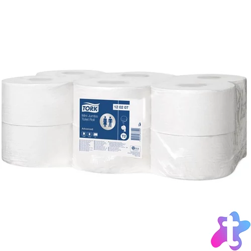 Toalettpapír, T2 rendszer, 2 rétegű, 19, 5 cm átmérő, Advanced, TORK "Mini Jumbo", fehér